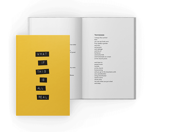 a bright yellow book cover in front of an open book showing a poem.