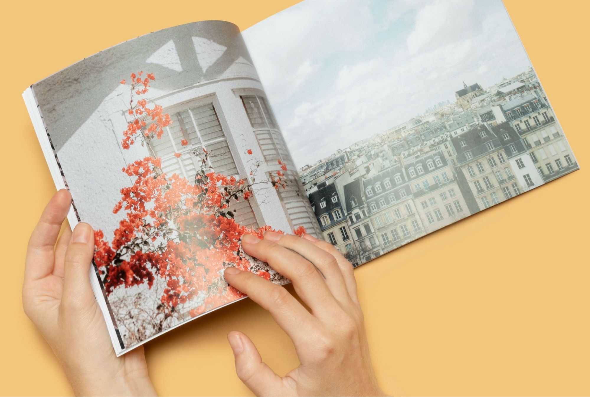 A pair of hands holds an open book with an image of buildings and flowers.
