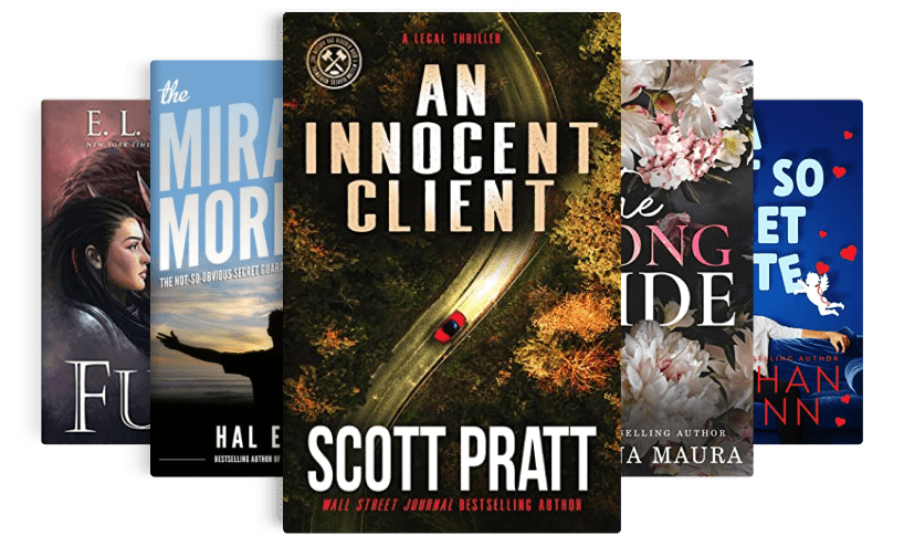 Five eye-catching book covers in dark colors. The top book is titled, An Innocent Client.