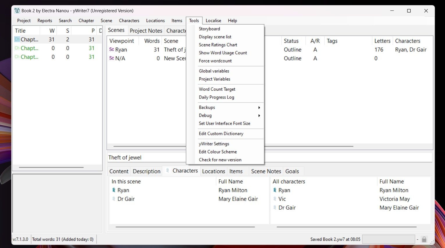Developing Scene in Book on yWriter