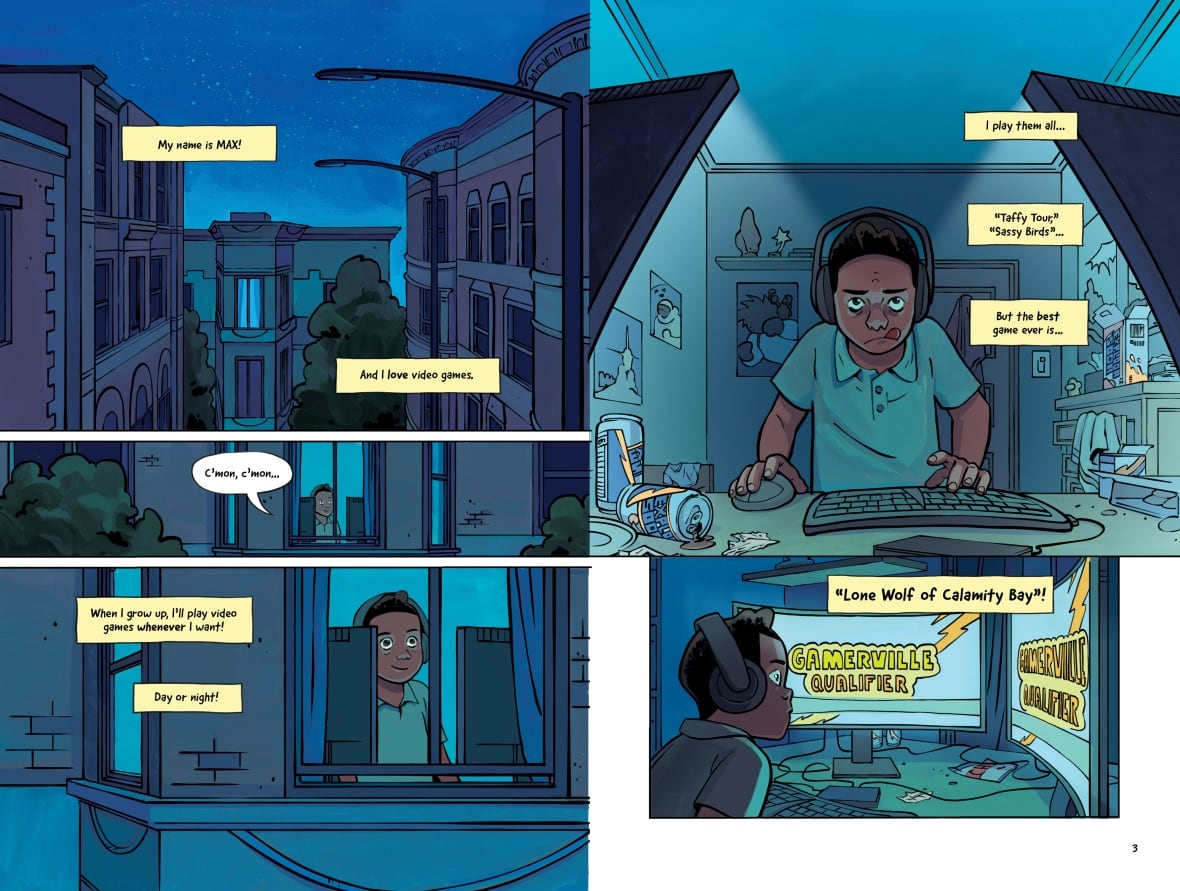 A comic book spread of a boy playing video games in his house. 