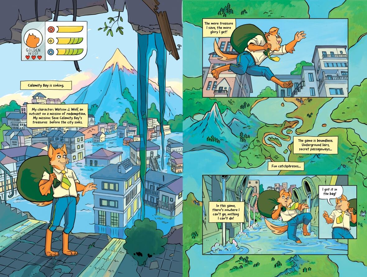 A graphic novel spread of a fox wading through a flooded city. 
