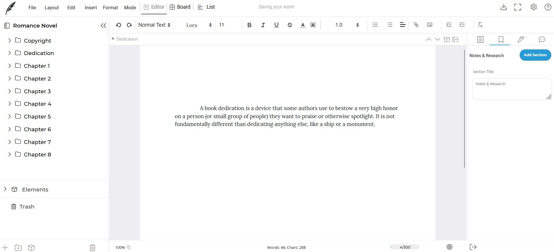 Squibler Dashboard for Romance Novel Template