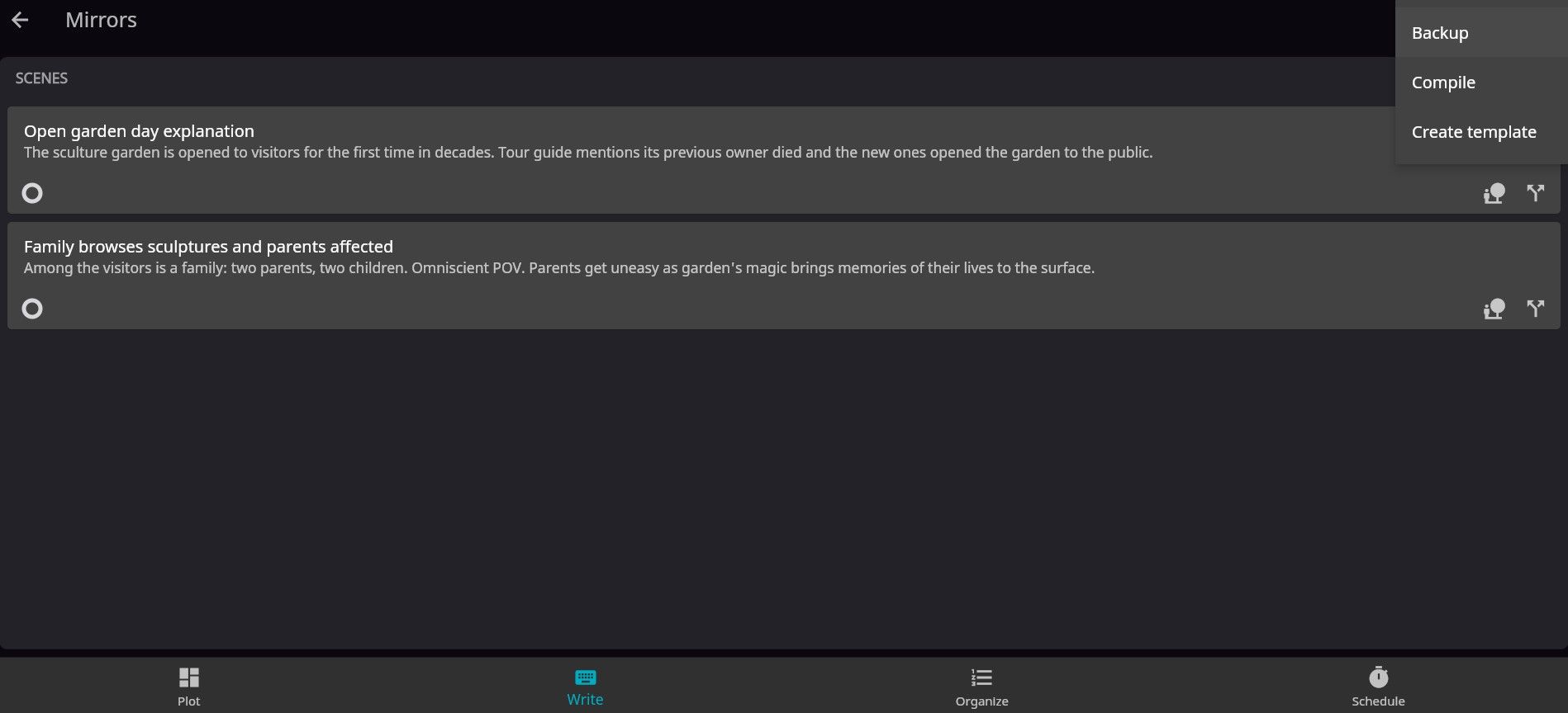 Backup Tab on Novelist App Menu