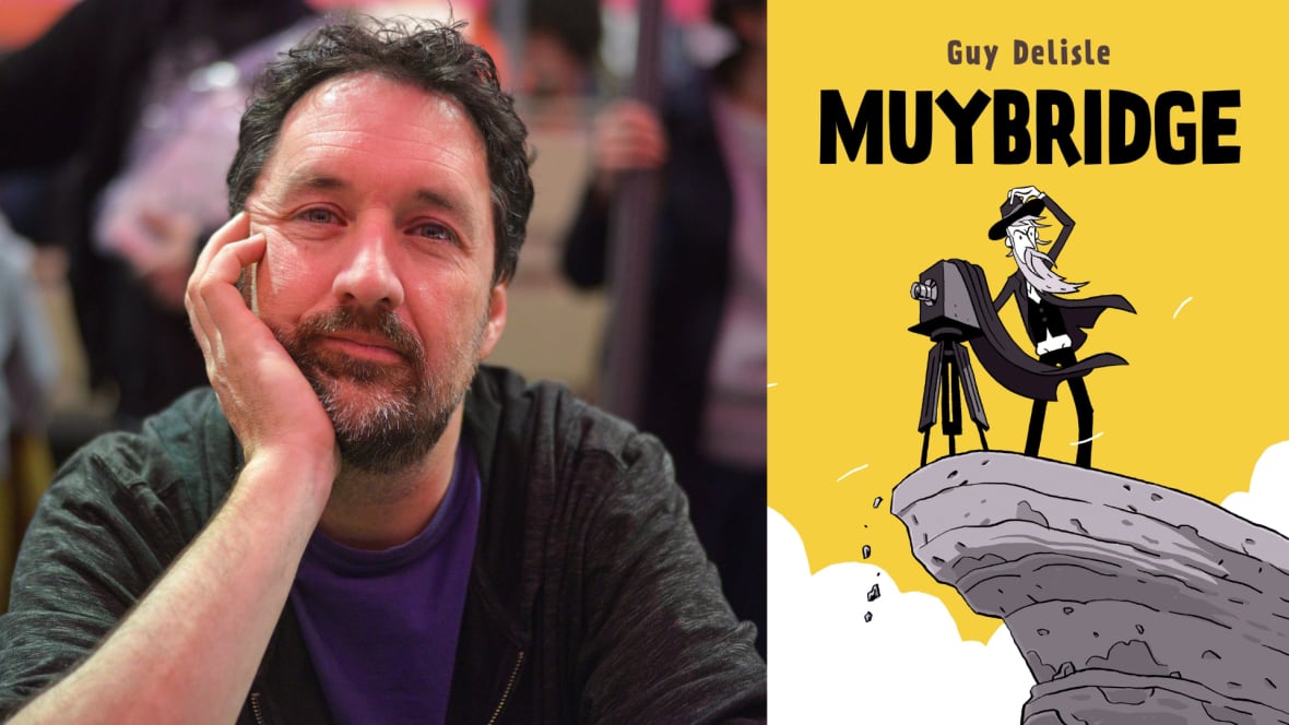 A composite image of a portrait of a man with dark hair and his hand on his face looking into the camera beside a yellow book cover featuring a cartoon man standing on a cliff with a camera.