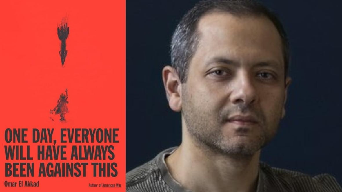 A red book cover of a rocket about to hit a girl. An Egyptian man with greying hair.