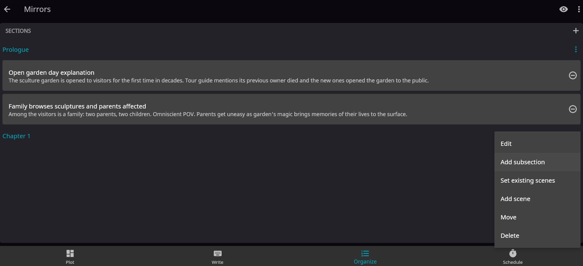 Organizing Sections on Novelist Web App