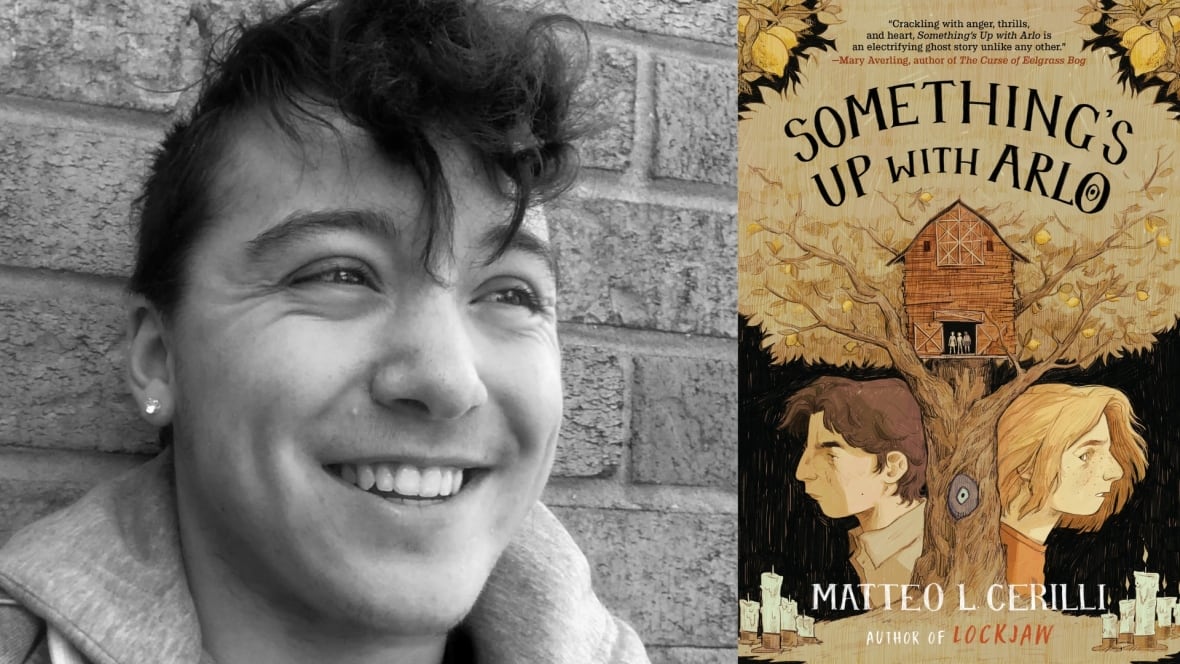 The book cover of Something's Up with Arlo, showing a tree house and the profiles of two faces on either side of the tree, with candles on the ground. The book's creator is also featured. 