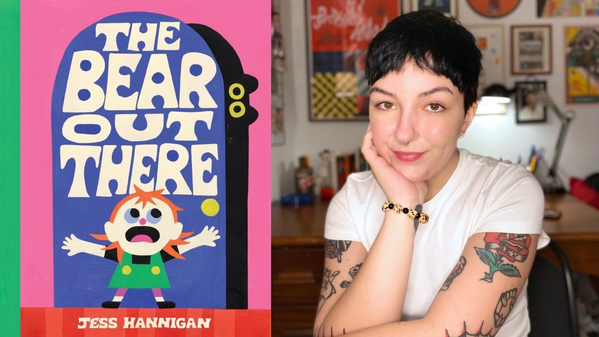 The cover of picture book The Bear Out There, showing a girl with orange hair wearing a green dress, standing at a door and shouting. There is a shadow of a bear on the other side of the door. The book's creator is also featured.