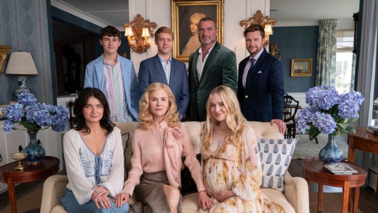 Eve Hewson as Amelia Sacks, Sam Nivola as Will Winbury, Nicole Kidman as Greer Winbury, Billy Howle as Benji Winbury, Liev Schreiber as Tag Winbury, Dakota Fanning as Abby Winbury, Jack Reynor as Thomas Winbury in episode 103 of "The Perfect Couple."