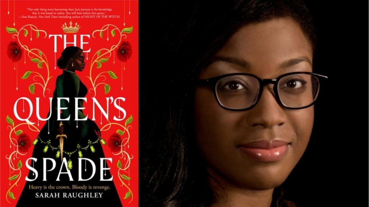 The Queen's Spade by Sarah Raughley. Illustrated book cover and author headshot.