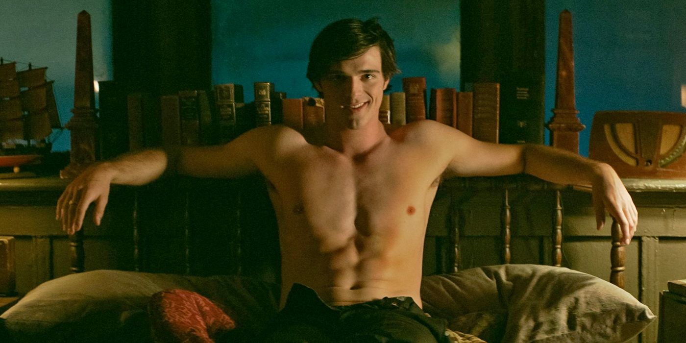 Jacob Elordi sits shirtless in The Mortuary Collection