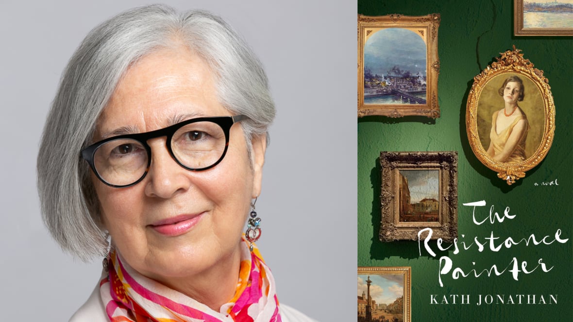 A composite image of a portrait of a woman with grey hair beside a green book cover. 