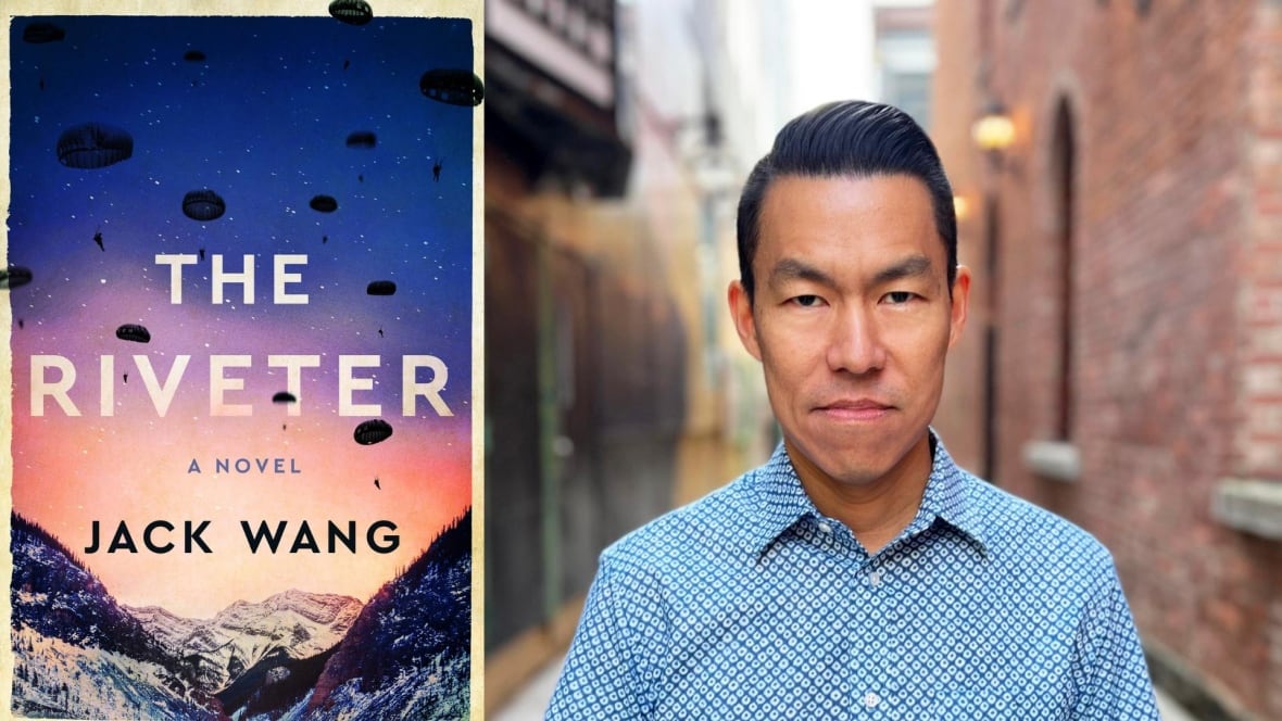 A composite image of a book cover that shows black parachutes descending on snowy mountains against a purple and red sky and a man wearing a short-sleeved blue collar shirt. 