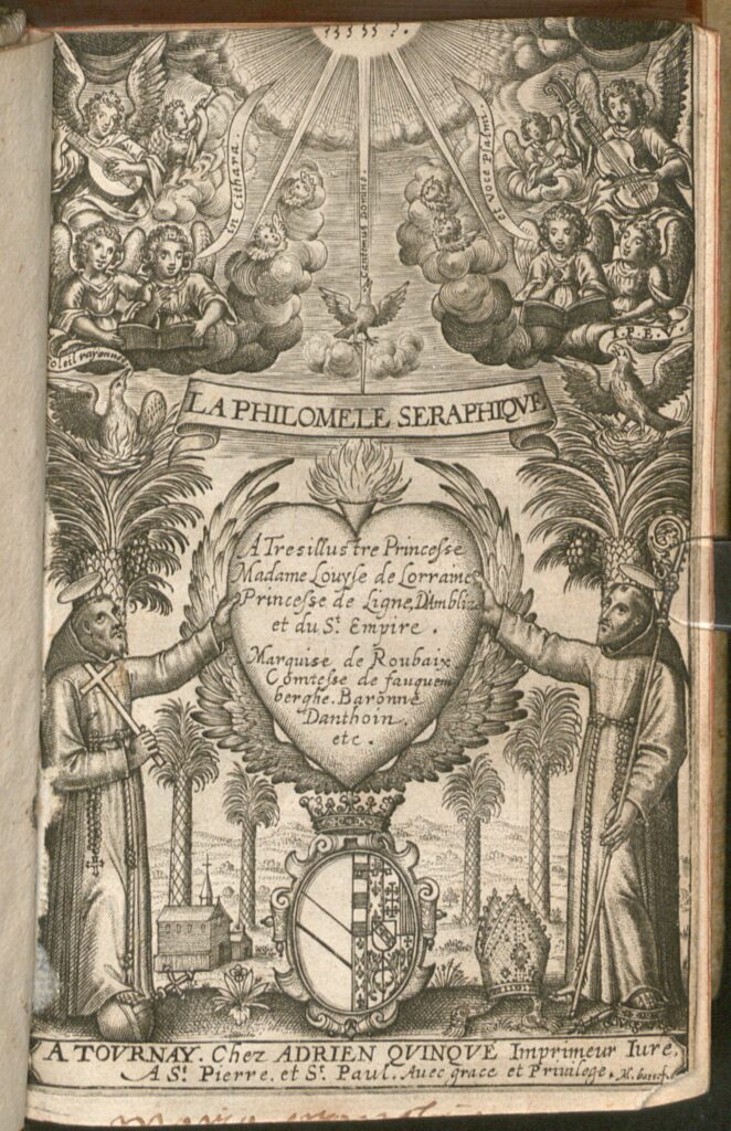 Frontispiece for La Philomèle séraphique, depitcs two men looking up to sky with arms outstretched touching a heart containing dedication text. Cherub-like angel figures are above.