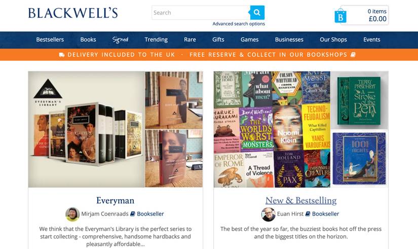 Screenshot of Blackwells website home page