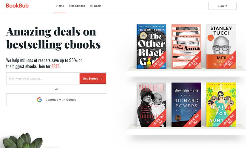 Screenshot of Bookbub website home page