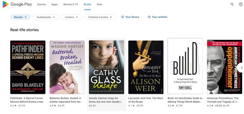 Screenshot of Google Play Books website home page