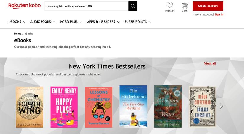 Screenshot of Kobo website home page