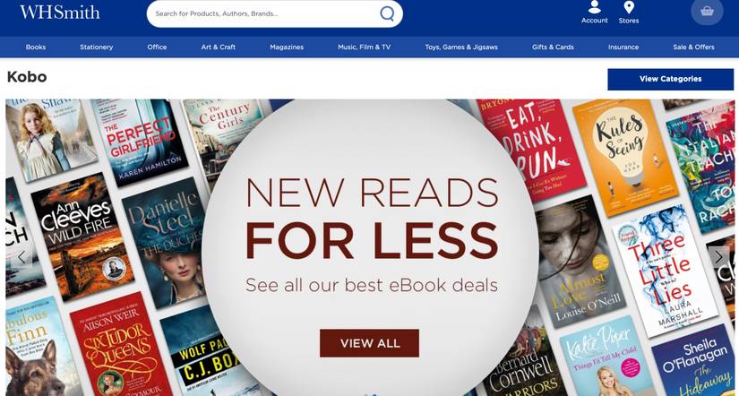 Screenshot of WHSmith Kobo website home page