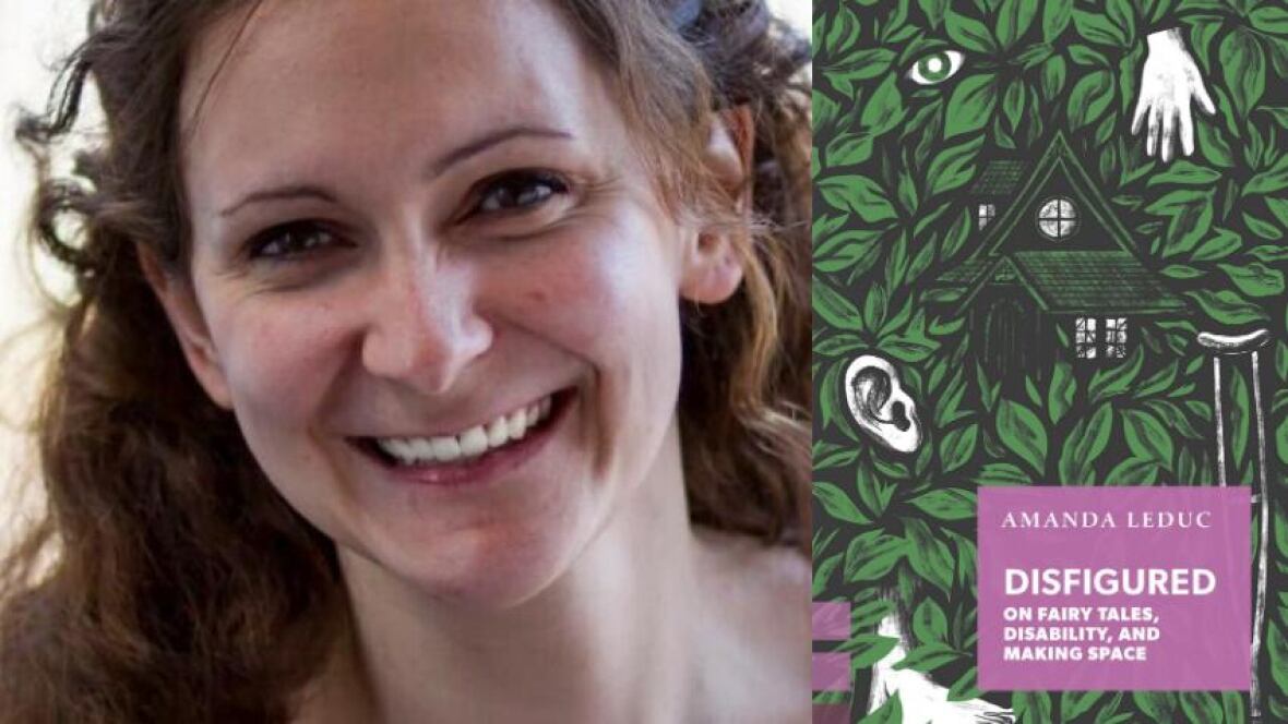 Disfigured by Amanda Leduc. Illustrated book cover of green leaves with a house in the centre, a crutch, an ear, a foot, a hand and an eye. Headshot of the author.