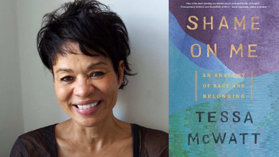 A photo of a smiling Black woman beside a book cover. 