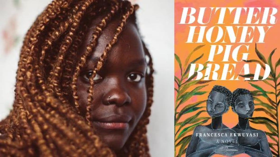 An author photo of a Black woman with a nose ring and orange braids. An orange book cover with two cartoon women and stalks of plants.