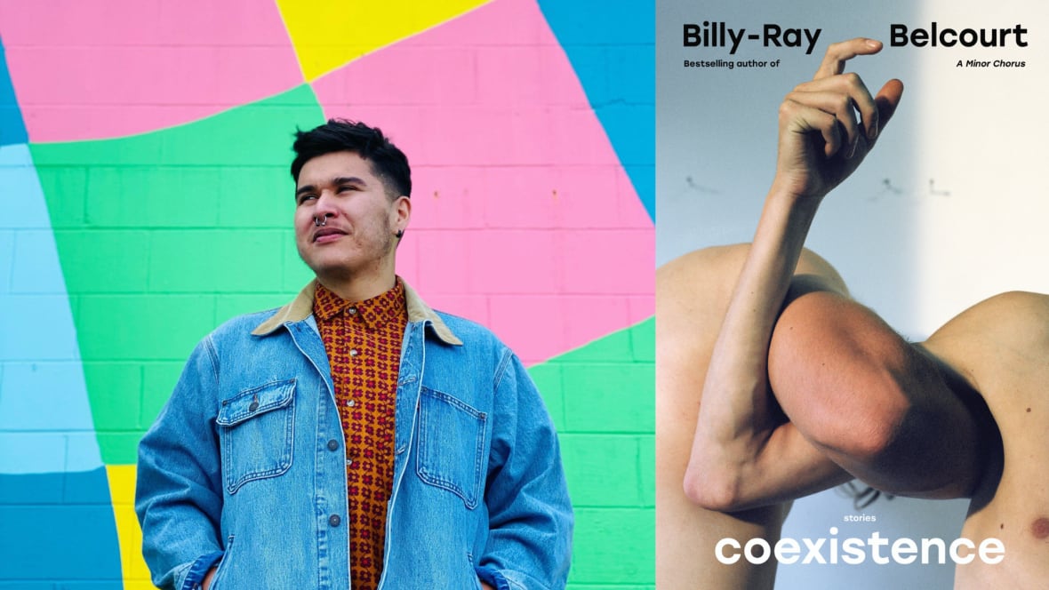 A composite photo of book cover featuring two arms intertwined and a photo of young man staring off into the distance wearing a blue jacket.