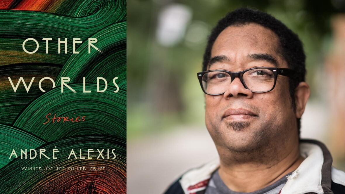 A composite image that shows a book cover that shows spiral-like green and red designs on the left and on the right is a headshot photo of a man with glasses.