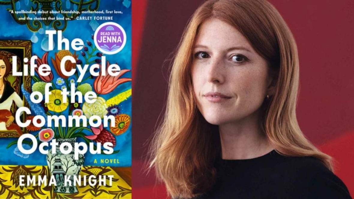 A book cover of a colourful vase filled with flowers. An author image of a white woman with red hair looking at the camera.