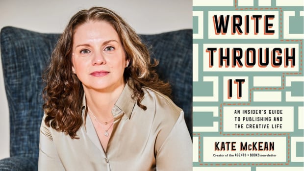 Side by side photos: an author looking at the camera, sitting on a blue chair, wearing a dress shirt; a green and cream book cover reading "Write Through It"