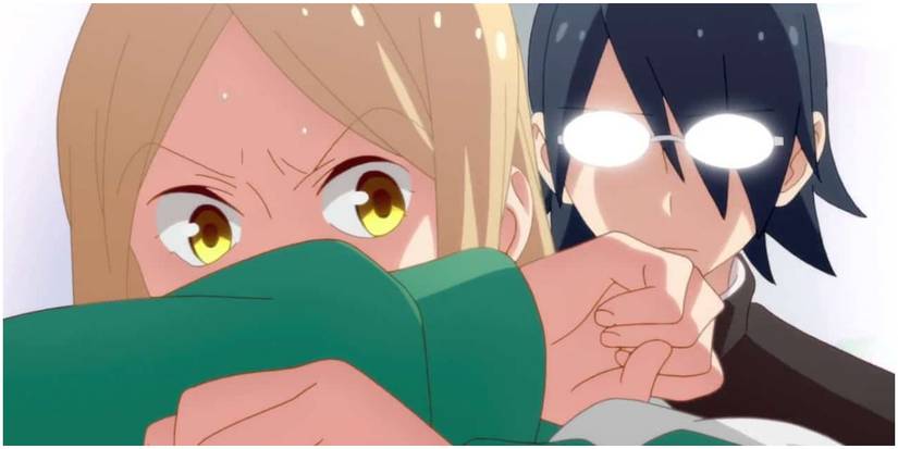 Tsuredure Children, Masafumi Akashi with glowing glasses comes up behind a cowering Ryoko 
